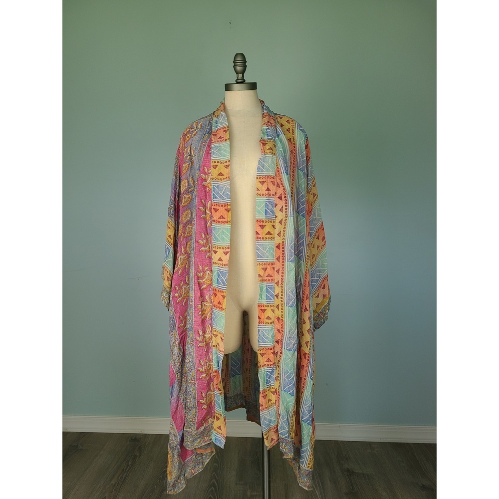 Kantha Bae Silk Robe Kimono Duster Artsy Boho Hippie Mom Patchwork Maximalist